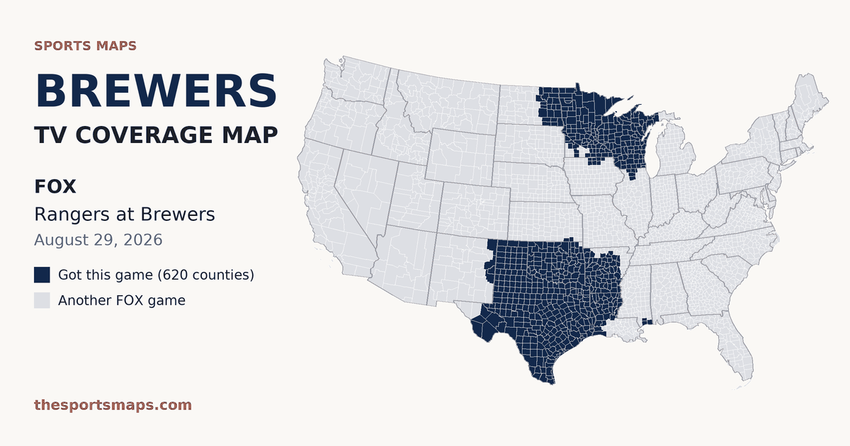 Brewers vs Rangers TV coverage map (FOX, August 29, 2026)