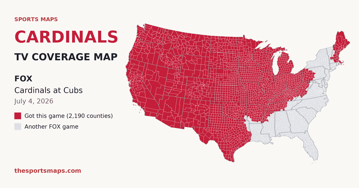 Cardinals at Cubs TV coverage map (FOX, July 4, 2026)