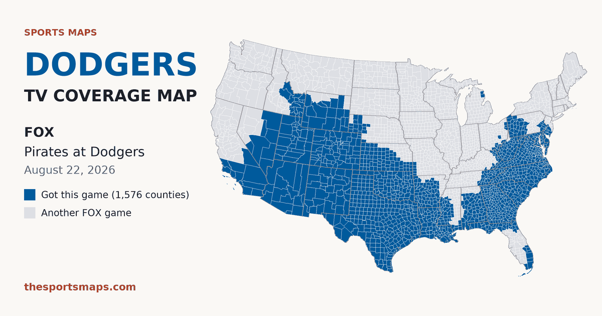 Dodgers vs Pirates TV coverage map (FOX, August 22, 2026)