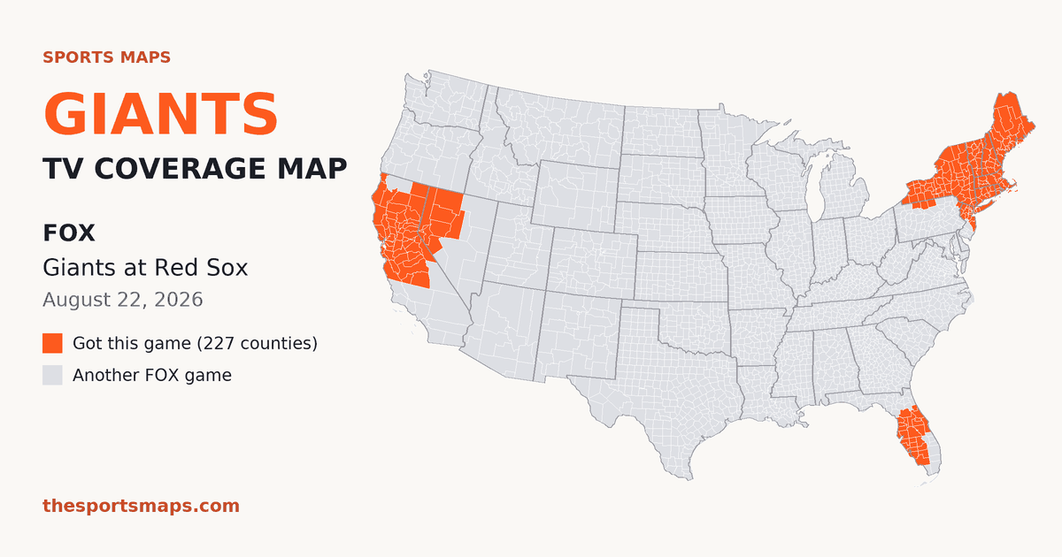 Giants at Red Sox TV coverage map (FOX, August 22, 2026)