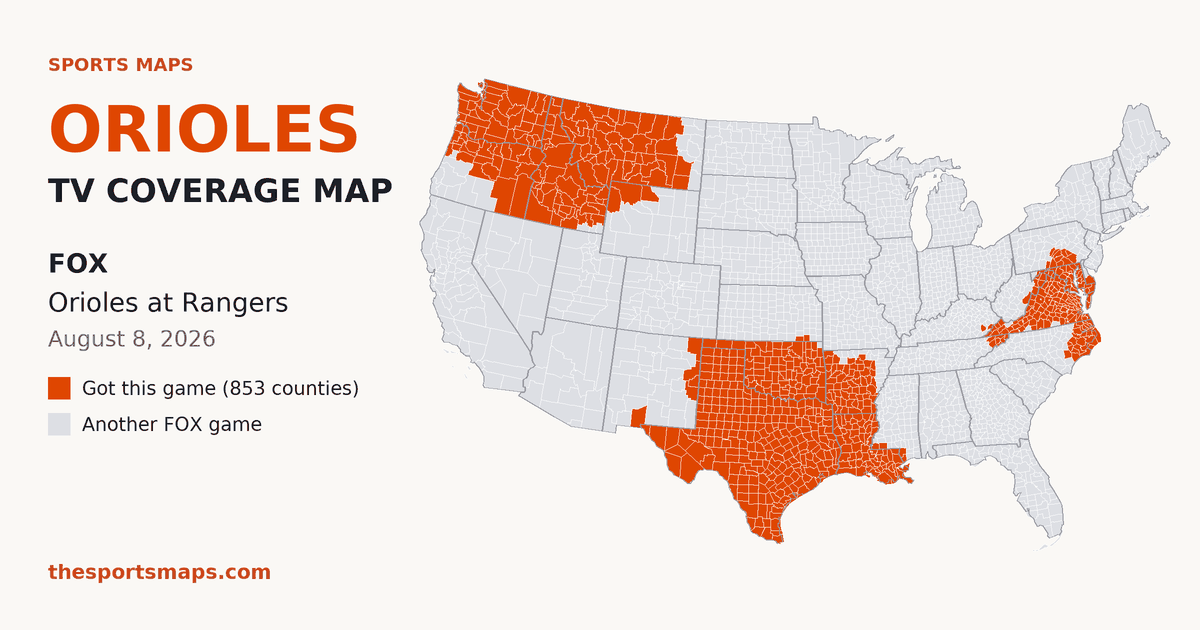 Orioles at Rangers TV coverage map (FOX, August 8, 2026)