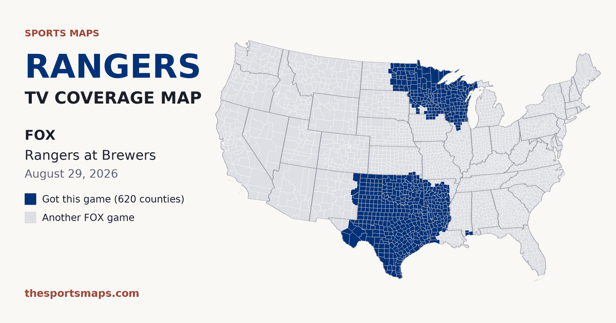 Rangers at Brewers TV coverage map (FOX, August 29, 2026)