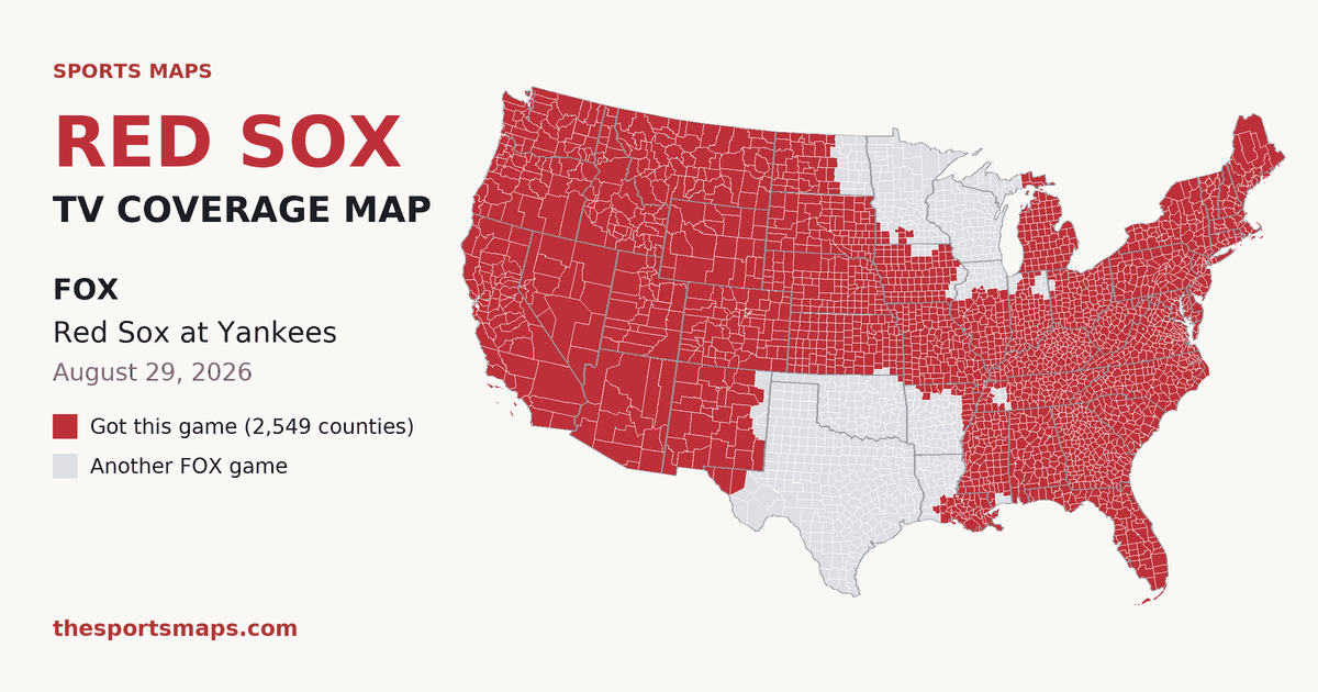 Red Sox at Yankees TV coverage map (FOX, August 29, 2026)