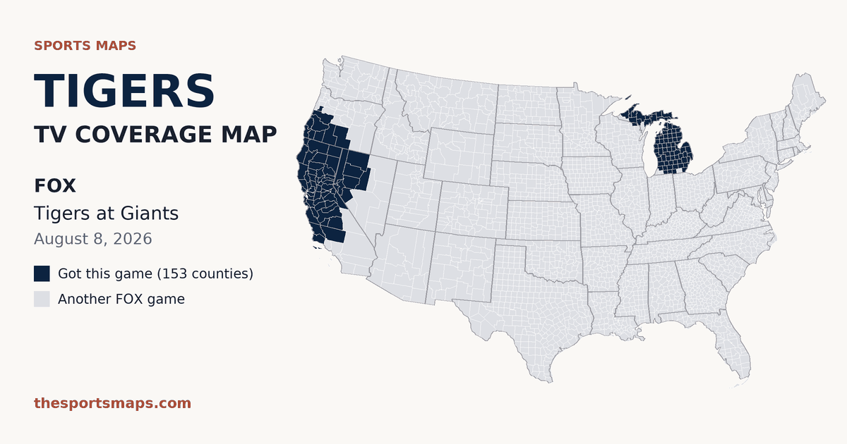 Tigers at Giants TV coverage map (FOX, August 8, 2026)