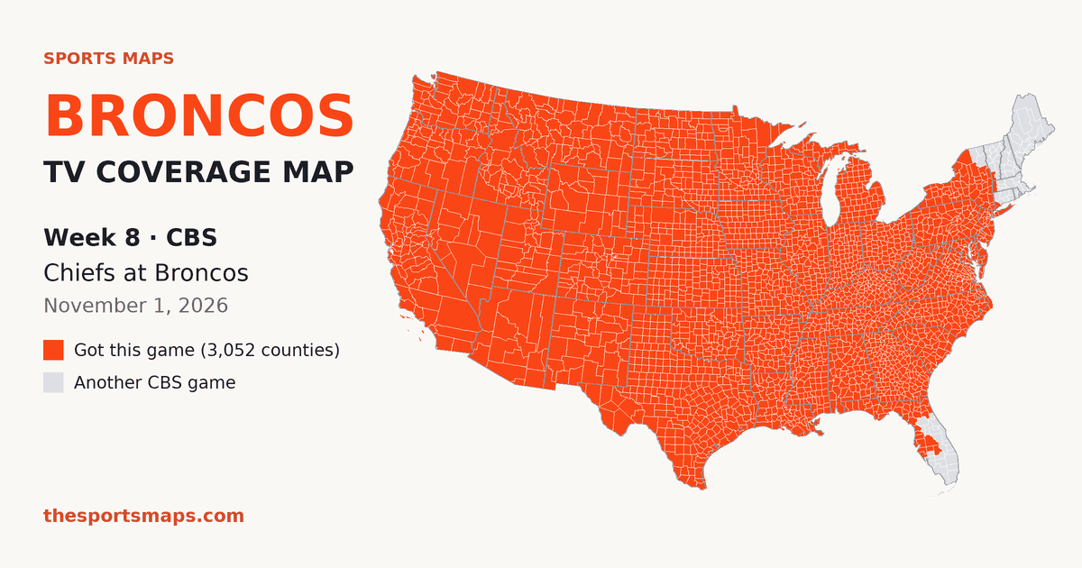 Broncos vs Chiefs Week 8 TV coverage map (CBS, November 1, 2026)
