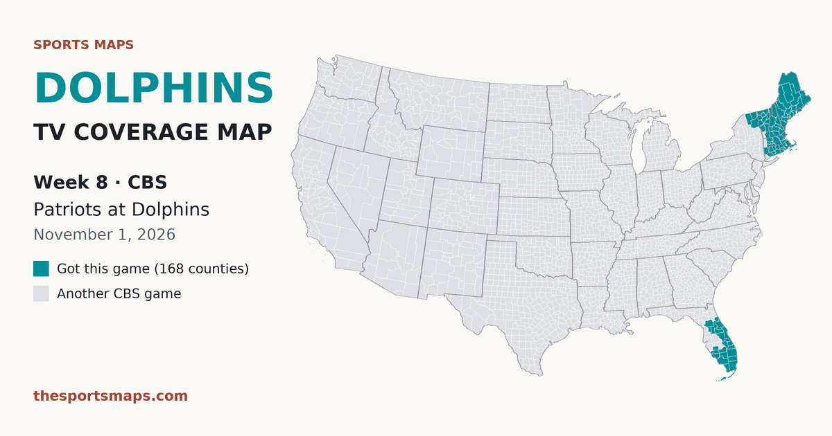 Dolphins vs Patriots Week 8 TV coverage map (CBS, November 1, 2026)