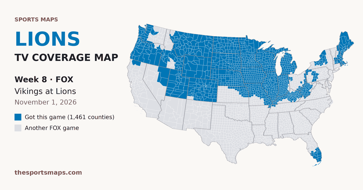 Lions vs Vikings Week 8 TV coverage map (FOX, November 1, 2026)