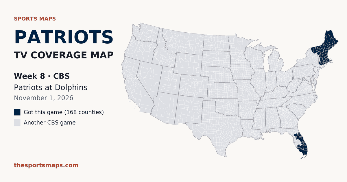 Patriots at Dolphins Week 8 TV coverage map (CBS, November 1, 2026)