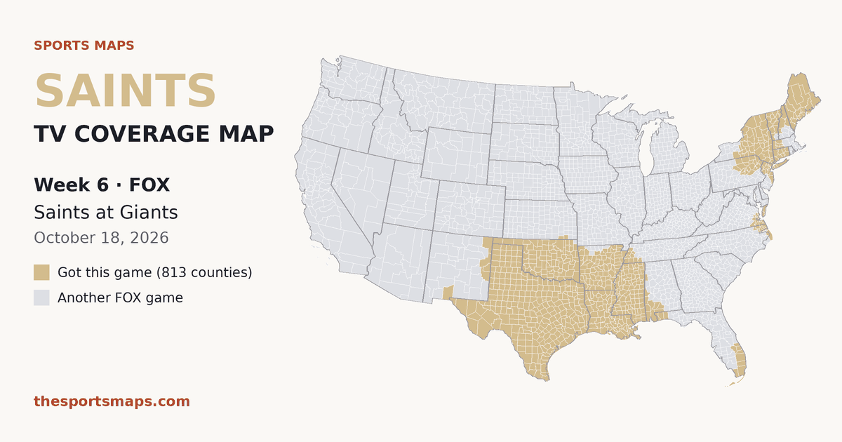 Saints at Giants Week 6 TV coverage map (FOX, October 18, 2026)