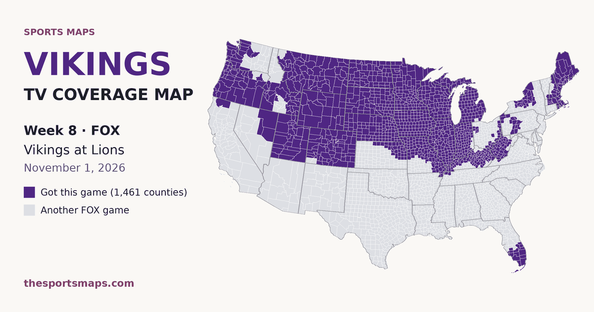 Vikings at Lions Week 8 TV coverage map (FOX, November 1, 2026)